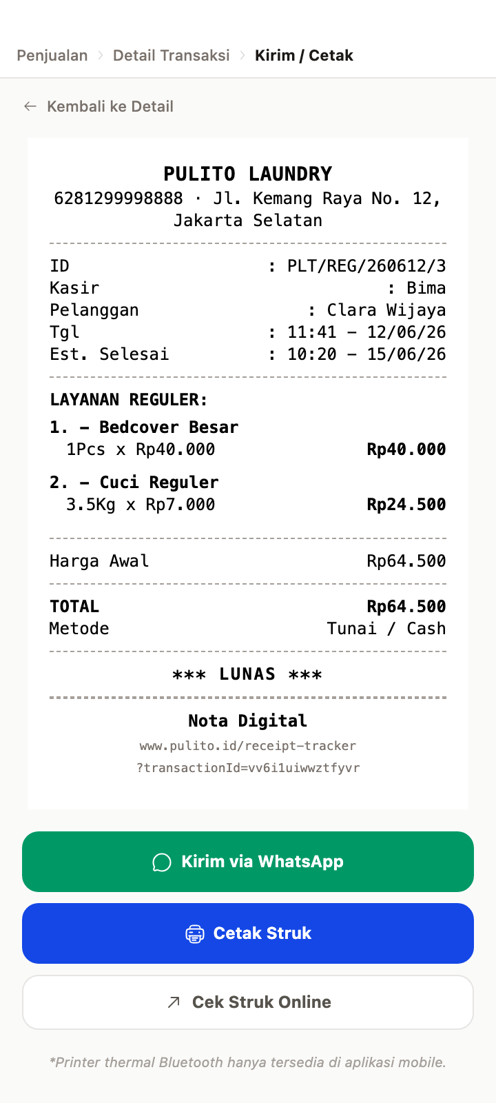 Nota digital pulito lengkap dengan ID pesanan dan tombol kirim WhatsApp
