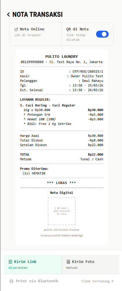 Halaman Kirim Nota (QR Code ON)