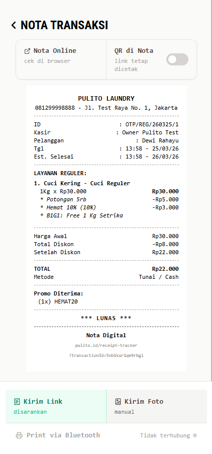 Halaman Kirim Nota (QR Code OFF)