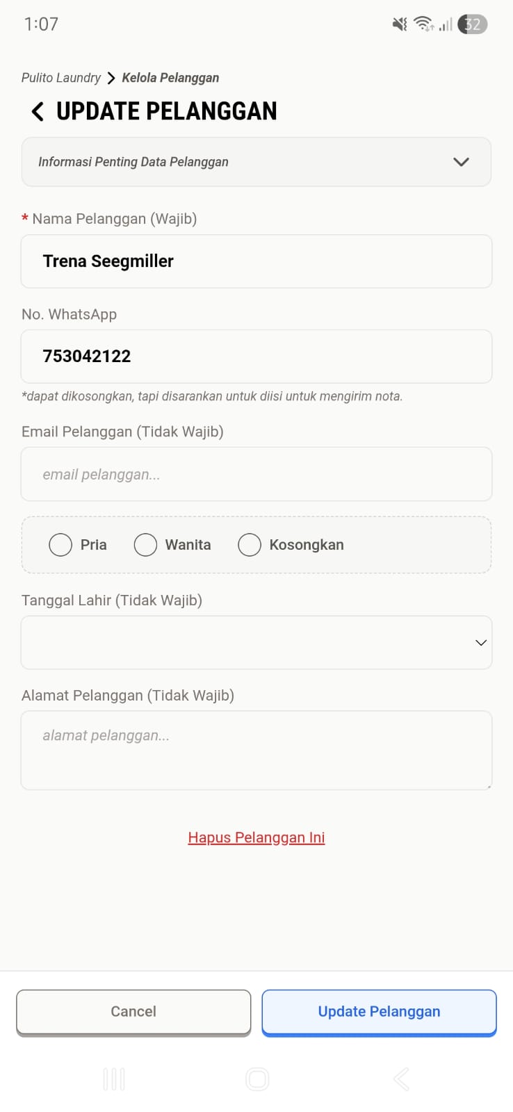 Edit & Hapus Pelanggan