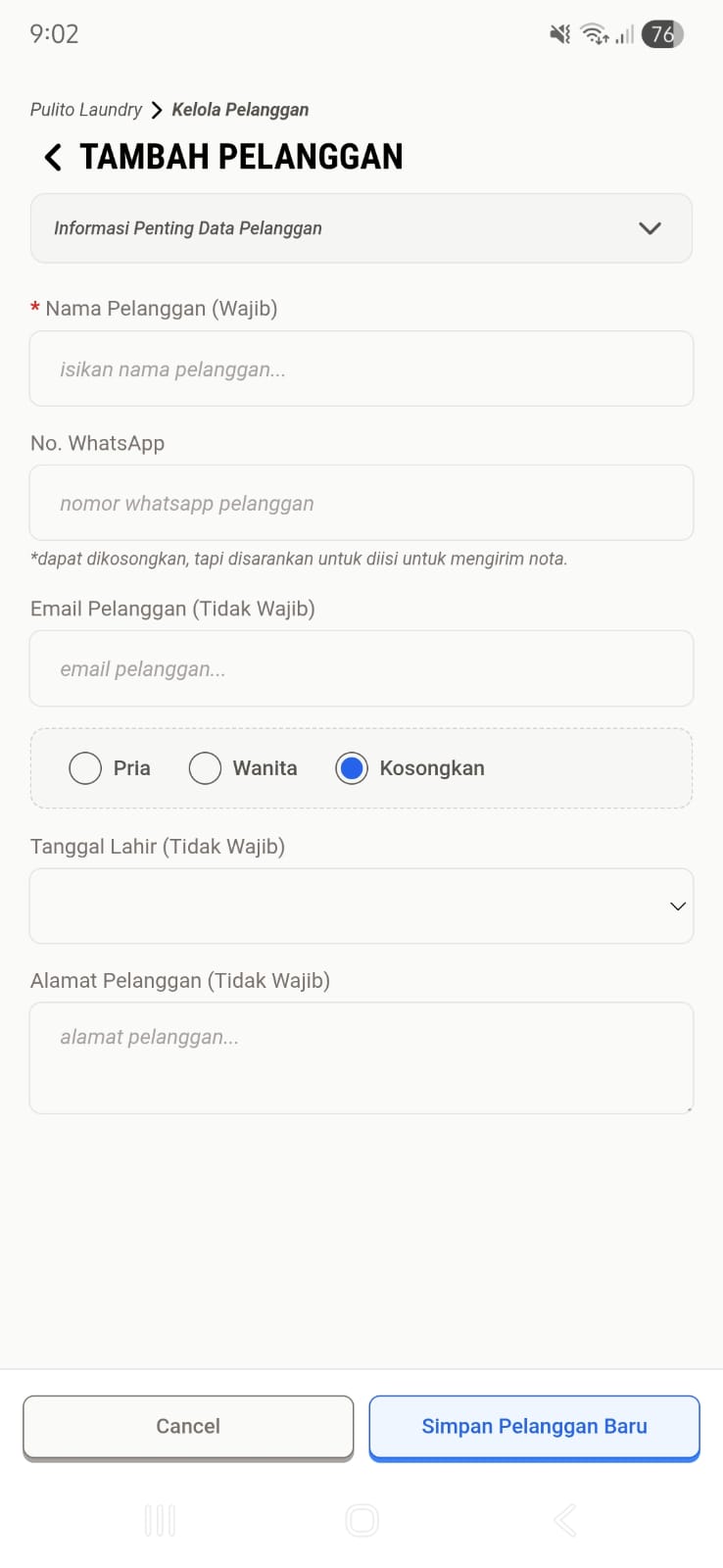 Form Tambah Pelanggan